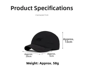 Detail view of a black short brim baseball cap with technical specs and fanto logo