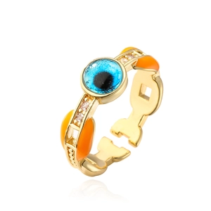 Adjustable 18K gold plated evil eye ring with orange enamel and zircon accents