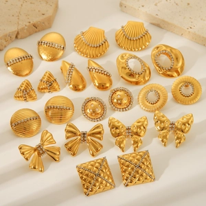 Elegant 18K gold-plated stainless steel earrings set featuring bow and geometric shapes