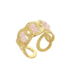 Irregular gold plated stainless steel open ring featuring eight pink beads and woven texture