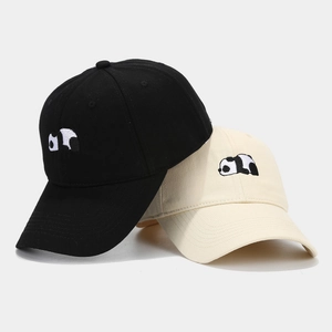 Cute panda embroidered baseball caps in black and cream white, stylish outdoor sun hats