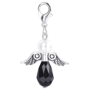 Detailed view of angel wing pendant with black faceted teardrop bead and silver clasp
