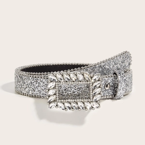 Silver sequin belt for women featuring a large rectangular rhinestone buckle decoration