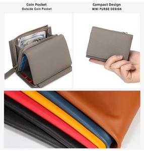Detail view of mini tri-fold leather wallet with zipper pocket in multiple colors