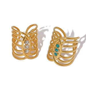 18K gold plated stainless steel open wave rings with white and turquoise zircon stones