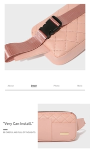 Detail showing pink quilted leather texture with gold metal accents and adjustable strap