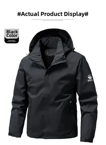 Macro detail of black windproof jacket with adjustable hood and velcro sleeve cuffs