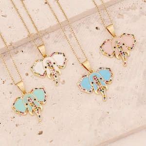 Copper elephant pendants in colorful enamel and cubic zirconia on gold O-shaped chains