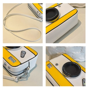 Detail shots of yellow camera-shaped crossbody bag with logo and silver hardware
