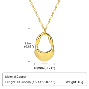 Detailed specs for gold irregular hollow pendant showing 21x18mm size and 10g copper weight
