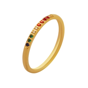 Slim gold titanium ring with rainbow cubic zirconia inlay for French chic stacking style