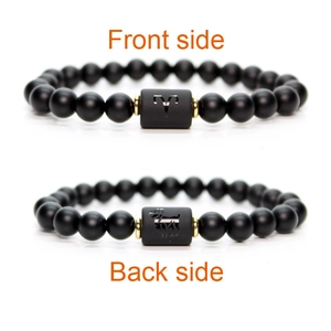 Matte black stone beaded Aries zodiac bracelet with gold spacers and symbol on white backdrop