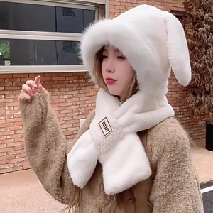 Women Cute Bunny Ear Plush Hat Scarf Integrated Warm Faux Fur Ear Protection Hood Snood Set For Winter Outdoor Accessories