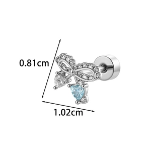 Lace bow heart stud earring with silver metal and crystals, 0.81cm by 1.02cm size
