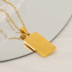 18K gold plated stainless steel necklace featuring a rectangular rabbit zodiac pendant