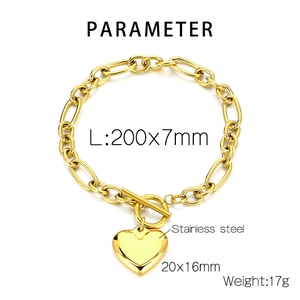 Detail view showing golden heart pendant bracelet dimensions and stainless steel material