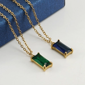 Elegant 18K gold plated stainless steel necklace with green and blue square zircon pendants