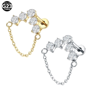 Solid G23 titanium gold and silver ear studs with five gems and hanging chain link