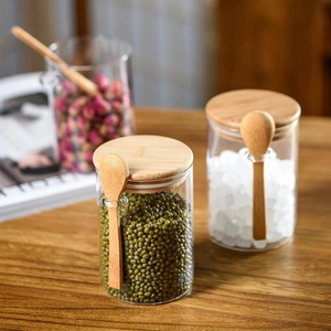 Borosilicate Glass Food Storage Jar With Bamboo Wood Lid And Spoon For Kitchen Counter Organization Sugar Coffee Bean Candy Container Modern Minimalist Home Decor