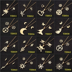 Grid display of 16 gold necklace and stud sets with palm tree, moon, and tree of life motifs