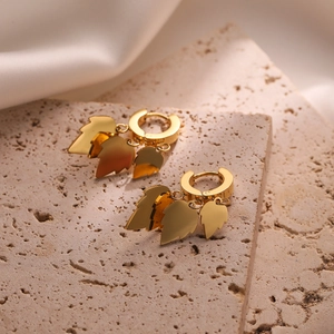 Luxury gold-plated titanium steel hoop earrings featuring three delicate leaf pendants