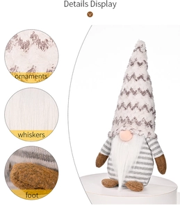Detailed view of Christmas gnome showing grey hat textures, white whiskers and striped body
