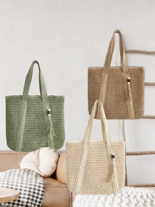 Woven Tote Bag Women Paper Straw Large Capacity Beach Vacation Shoulder Handbag With Wooden Beads Tassel Hollow Out