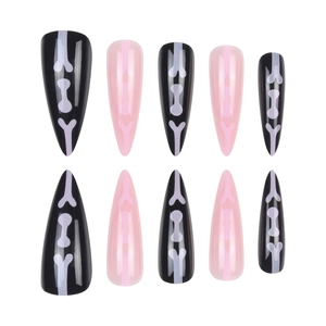 Halloween stiletto press-on nails set with pink and black bone pattern design