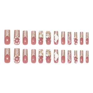 Französische roségoldene Glitzer-Aufdrücknägel mit 3D-Blumen und Perlen, 24er Set