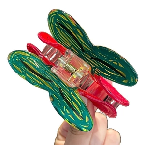 Hand-painted butterfly hair claw clip with red and green fruit patterns for women