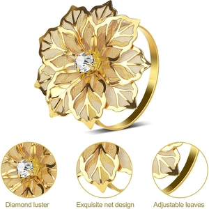 Golden mesh flower napkin ring with sparkling diamond center and adjustable leaves