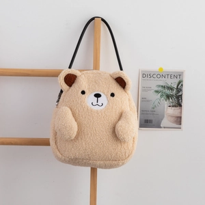 Cute teddy plush bear shoulder bag in milk tea color with soft fleece and leather strap