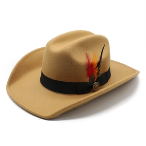 Western Cowboy Hat Felt Woolen Wide Brim Feather Decor Retro Ethnic Style Outdoor Sunshade Fedora For Men Women