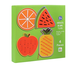 Wooden fruit lacing toy set including apple and watermelon cards for motor skills