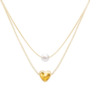 Elegant double-layered gold necklace featuring a white pearl and a 3D heart-shaped pendant