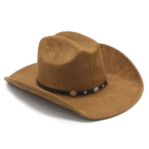 Detail of faux suede western cowboy hat featuring black leather band and silver conchos