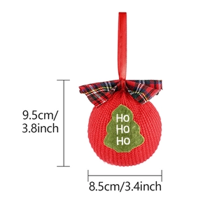 Red knitted Christmas ball ornament with Ho Ho Ho text and plaid bow, size 9.5x8.5cm