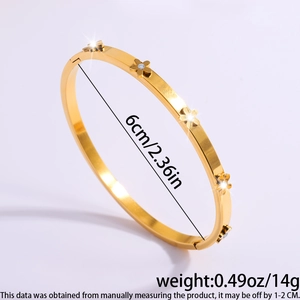 Titanium steel gold floral bangle with sparkling crystal flower petals and dimensions