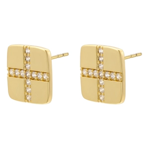 Elegant gold square stud earrings featuring a sparkling zircon cross pattern for women