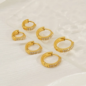 Detail of 18K gold plated titanium steel hoop earrings with double row zircon stones