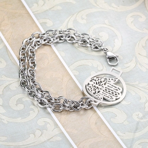 Double-layer silver stainless steel hamsa hand pendant bracelet with lobster clasp