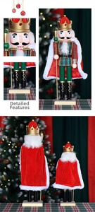 Close-up of 50cm nutcracker king detail with red velvet cloak and plaid uniform
