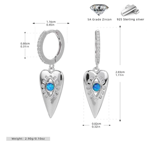 Detail showing 925 silver heart earrings with evil eye zircon and precise dimensions