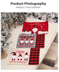 Close-up of three festive Christmas placemats with gnome embroidery and plaid edges
