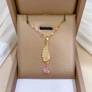 Angels Wing Pendant Necklace Stainless Steel Chain Zircon Pink Waterdrop Gemstone Elegant Romantic Jewelry Women