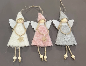 Detailed view of three plush Christmas angel ornaments in white, pink, and grey colors