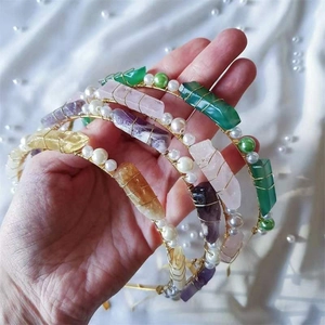 Natural Crystal Raw Stone Handmade Hair Hoop With Faux Artificial Pearls Metal Wire Wrapped Bohemian Crown Headband For Women