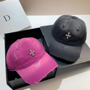 Distressed cotton baseball caps with metal cross studs in rose red and black colors