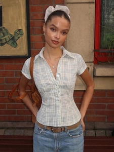 French blue plaid short sleeve shirt with turn-down collar and button-down front for women