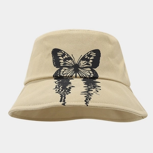 Detail of khaki cotton bucket hat with black butterfly print and water ripple mirror effect